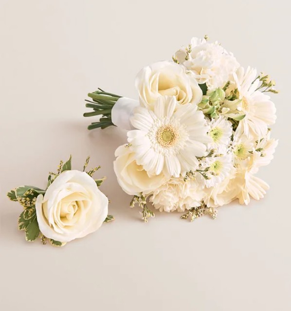 All White Bouquetand Boutonniere $69.99
